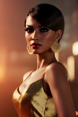 Young business woman, dark orange eyes, dark brown hair, elegant hair, thin lips, gold hoop earrings, waist up portrait, 8k resolution, intricate details, ornate details, soft lighting, vibrant colors, retroanime, masterpiece, realistic, intricate eyeliner, dark eyeshadow, eyes,futuristic cityscape background