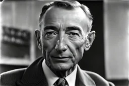 Schwarzweißfoto J. Robert Oppenheimer vor einem Cord 810 schaut Betrachter direkt an