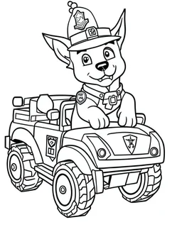 outline art for Paw Patrol Marshall With Fire Truck coloring page, Japanese manga style, cartoon style, cute face, white background sketch style, full body is a must, only use outline, clean line art, no shadow, bold outline