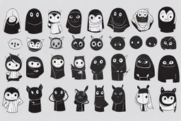 6 simple shaped hand drawn cartoon characters that are cute dark and have hoodies