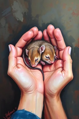 "An oil painting with rich textures and expressive brushstrokes depicts a mouse peacefully sleeping in to two hands palms The mouse’s fur harmonizes with the scene, that blend with the warmth of the hands ,The hands are painted in a vibrant artistic style, contrasting with natural hands skin