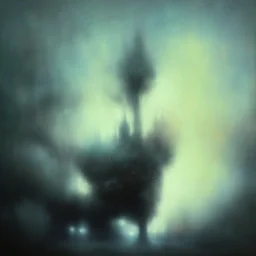 photographic camera in abstract style. fog and smoke in atmosphere. bokeh, lens flare. Dark mood. Dripping paint. oil on canvas, high detailed. beksinski