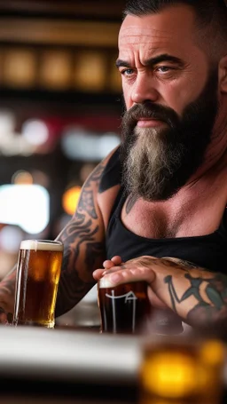 portrait photography, beers on tables at pub, with many 53 years old stocky chubby burly bearded bikers sleeping shirtless, High quality realistic photo, 35mm lens, photorealistic, top light, view from the ground, ambient occlusion