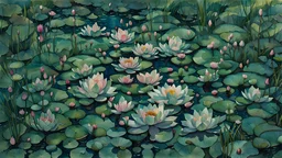 view from sky, photo realistic watercolor painting of lake Ariel view, full of pink waterlily flowers, green lake, pen line sketch and watercolor painting ,Inspired by the works of Daniel F. Gerhartz, with a fine art aesthetic and a highly detailed, realistic style