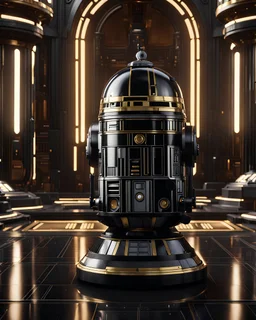 star wars r6 series astromech with short conical head, flat on top, shiny black body, gold trim, inside the jedi temple, centered portrait, hyperdetailed, dynamic lighting, hyperdetailed background, 8k resolution, volumetric lighting, fully symmetric