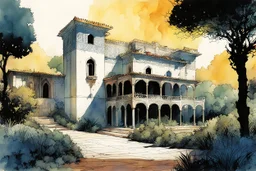 create in inkwash and watercolor a peaceful Moorish villa with expansive gardens set in the tranquil landscape of ancient Andalusia in the comic book art style of Mike Mignola, Bill Sienkiewicz and Jean Giraud Moebius, , highly detailed,, grainy, gritty textures, , dramatic natural lighting