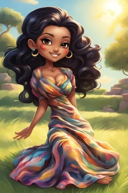 An airbrushed chibi black cartoon of a curvaceous woman with flowing black hair twisted up, wearing a colorful maxi dress. She sits relaxed on the grass facing the warm sunlight, which illuminates her face as she looks to the side with a small smile, accentuating her prominent makeup and brown eyes.