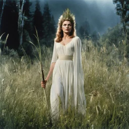 [Jason and the Argonauts (1963)] youthful Madonna as a witch, resplendent in her ethereal form, standing amidst a lush meadow. As she graces the Earth with her presence, the grass beneath her bare feet shivers with mystical energy.From the smallest blades of grass to the towering trees, each living entity joins in a symphony of praise for the Earth. The flowers burst forth in vibrant colors, their petals unfurling like delicate brushstrokes upon nature's canvas. Inspired by the words of the tran