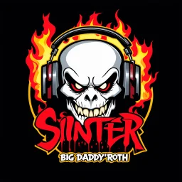 A logo for a rock band inspired by the styles of Ed "Big Daddy" Roth, graffiti art. sinister, evil marshmallow head with headphones. The marshmallow head is breathing red flames. The background is dark.