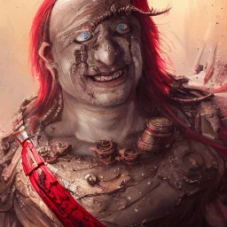 Insanely detailed photograph of an “portrait of a Giant Downsyndrome D&D barbarian wearing a red loincloth ”, smiling clear face and hyperdetailed painting by Ismail Inceoglu Huang Guangjian and Dan Witz CGSociety ZBrush Central fantasy art album cover art,8K, hdr, epic, mysterious, ominous, hands focused on a glowing D20, jewelry, motivated