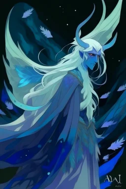 white blue hair winter cold sad frozen Eladrin Male icicle antlers beard druid