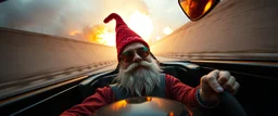 weird perspective worried yoga legend race car going sideways in ramp driver close up portrait of dj magic gnome farmer pilot looking down on cam, with background in the style of escher and giger, a chill contrapunctus fugue in the style of fsol, beethoven, goa trance breaks, dancefloor drum and bass, burning cars, fire and explosions