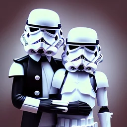 Portrait photo of a storm trooper with his beautiful wife on his wedding day