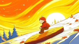 fantasy cartoon style illustration: a little boy on a sled down a snowy hill. Sun is shining.