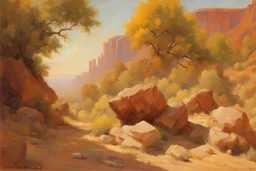 sunny day, rocks, sci-fi, mountains, vegetations, friedrich eckenfelder, and henry luyten impressionism paintings