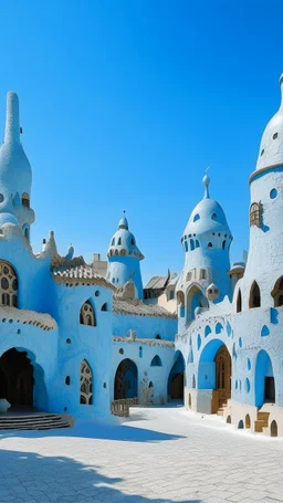 A light pale blue village in winter season designed in ancient Egyptian architecture and sculptures painted by Antoni Gaudi