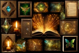 ancient photo album page collage containing images of elves and fairies Broken glass effect stunning something that doesn't exist mythical creature energy molecular textures iridescent light scales breathtaking beauty pure perfection divine presence unforgettable stunning breathtaking beauty Volumetric light aura rays