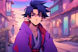 Anime style of a young hero , vibrant hues of twilight , energetic Shonen narratives and classic anime charm, purples and indigos color palette, inspired by Niji styles, art style influenced by japanese artists