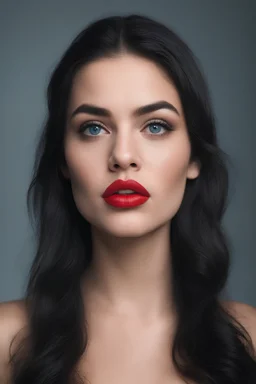 an extremely ugly abomination of a girl with great big pouty lips:1.5 and a humongous nose:1.5, wide set slanted soft blue eyes, extremely pointed chin, black hair, Wonder Woman, medium long shot, wide angle shot, full body image, head to toe, red lipstick