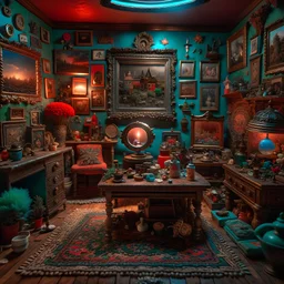 Diorama of old stuff in a room, sharp focus, 8k, 3d, very detailed, volumetric light, grim, fine art, very colorful, ornate, 35mm, F/2.8, insanely detailed and intricate, hypermaximalist, super detailed, decadent