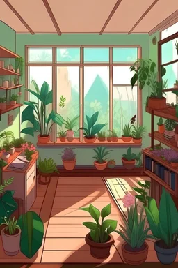 apartement avec plusieur plantes et fleures style lofi