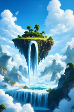 A floating island in the sky with waterfalls cascading into clouds and a rainbow bridge.