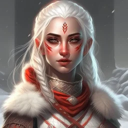 pretty girl, elven, white hair, red birthmark on forehead, hide fur armour, cleric, magic, medieval, fantasy, calm, round face, illustration, cinematic, poster, skyrim, cute