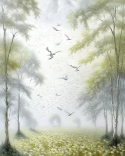 White foggy treetops with birds painted by Claude Monet