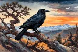 museum quality oil with watercolor underpainting of an aged, wandering Raven perched in the branches of an ancient, gnarled and twisted, Bristlecone Pine, on a remote plateau in the Rocky Mountains at sunset, in the style of Karl Bodmer, and Winslow Homer, rendered as an aquatint, with a fine art aesthetic, highly detailed , 8k UHD cinegraphic realism, dramatic natural lighting