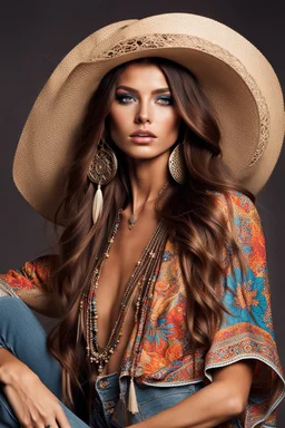 high fashion magazine, studio photography, portrait of a hippie cowgirl, young spanish beauty model, longer hair, beautiful face, beautiful skin advertising