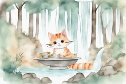 cute chibi cat in a restaurant double exposure waterfall in the forest watercolor and ink