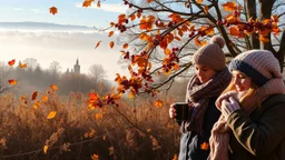 Autumn: falling leaves, Misty mornings, fog over distant fields or forests, sunshine; people wearing scarves, woolly hats, gloves, holding mugs of steaming hot drinks; chestnuts, acorns, berries, rowan, holly, mistletoe; birds migrating; squirrels gathering nuts; rabbits; beautiful colours, atmospheric. Award winning photograph.