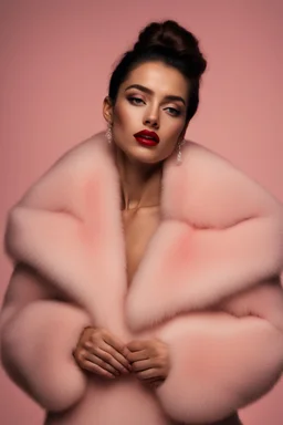 Minimalistic portrait of a beautiful woman with red lips and cold big eyes wearing earrings, a light pink fur coat in a haute couture style isolated on a dark background, cinematic lighting, ultra-realistic, shot in the style of hasselblad