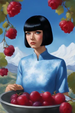 full body - Horror of the Planet of the Grapes - black hair, Deep Blue Eyes - head and shoulders portrait - Lenna, part grape, part human, short, bowl-cut, straight black hair, the bangs cut straight across the forehead, she resembles a grape from the Planet of the grapes, and she resembles Spock - Mountains, blue skies, clouds, red roses, blue roses, yellow roses, honeysuckle roses, carnations, lilacs, professional quality, 32k, UHD, glossy, 1080p, Extremely high resolution Digital photograph