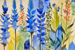 Watercolour of delphiniums in the style of Paul Klee