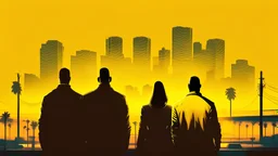 Create a GTA 5 illustration style image of 3 people looking straight ahead and a city with a yellowish atmosphere