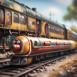 old train that looks like a hot dog wearing monocle, in the style of a fallout 4,bokeh like f/0.8, tilt-shift lens 8k, high detail, smooth render, down-light, unreal engine, prize winning