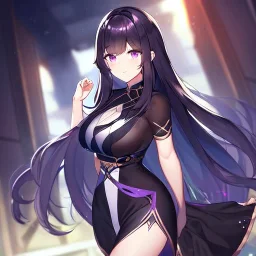 Clear focus,High resolution, Black long hair, Purple eyes, Wearing a Medivalin Popstar outfit