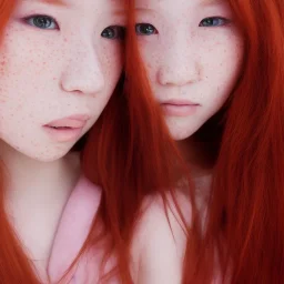 redhead girl, asian eyes, freckles, brown eyes, pink eye makeup, big pores, ultra detailed portrait