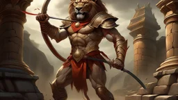 A muscular anthropomorphic lion with red eyes, wielding a bow, wearing armor, standing in a battle-ready pose with ancient ruins in the background