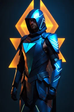 neon blue, floating triangle of light on the back, cyber armor, geometric patterns on armor, male, orbiting triangle