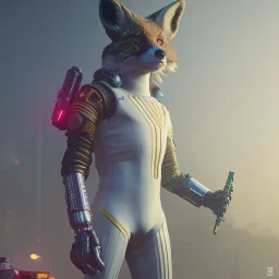 A cyberpunk soldier Armor wearing Fox,cyberpunk2077, ultra realistic,shiny, smooth, studio quality, octane render, Surrealism, Triadic colour scheme,ambient lighting polaroid, 100mm