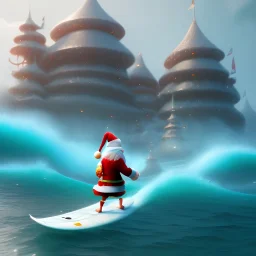 Santa surfing a big wave, surfboard, beach, character design by cory loftis, fenghua zhong, ryohei hase, ismail inceoglu and ruan jia. unreal engine 5, artistic lighting, highly detailed, photorealistic, fantasy