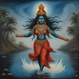 An oil painting of goddess Kali crossing a lake