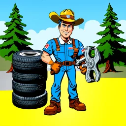 retro cartoon company mascot of a vehicle mechanic with a hint of forest ranger, holding a torque-wrench and next to a stack of tires, ranger smith