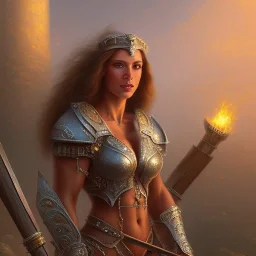 cinematic, majestic female barbarian, bodybuilder woman, bokeh, castle fortress, by thomas kinkade mark keathley terry redlin