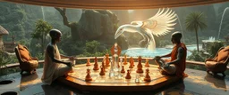 alien levitating yoga monk chess masters playing serious glowing chess on hex map in lounge on beautiful lush planet with huge transparent bird glass pieces of ships in fountain