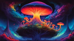 (Colorful): "A vibrant, colorful web of interconnected energy, like glowing mushroom roots, linking floating islands in a dark void, nebulae in the background, vivid colors, high saturation, in the style of James Jean."