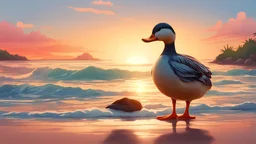 Beautiful duck from behind, beautiful and natural, has a beach and a beautiful sunset cartoon style