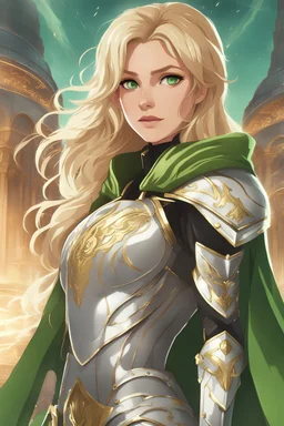 Young Woman with long blonde hair, vivid green eyes, wearing gilded white Greek armor, light green cape, futuristic Coliseum background, RWBY animation style